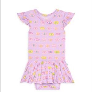 Nwt Posh Peanut metallic Cleo print twirl body suit dress 3-6 months